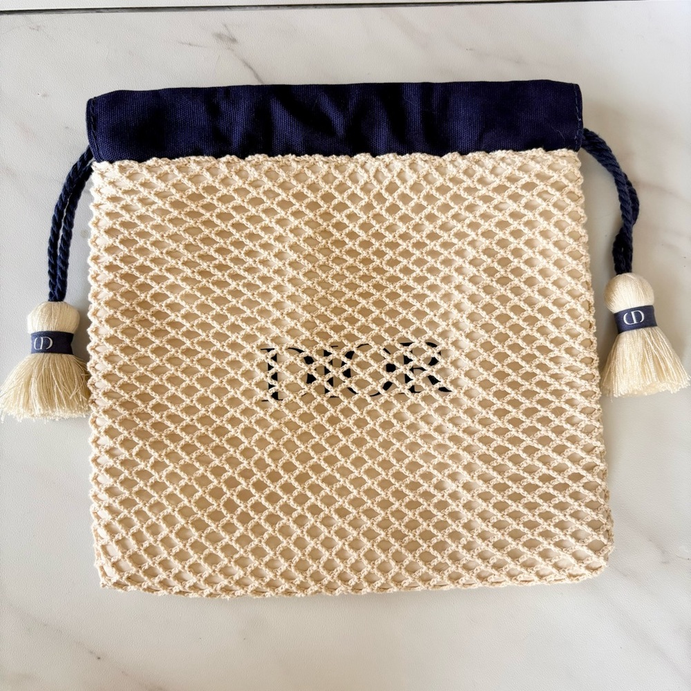 Dior Beauty Crochet Mesh Drawstring Novelty Makeup Bag Cosmetic Pouch w/Tassels